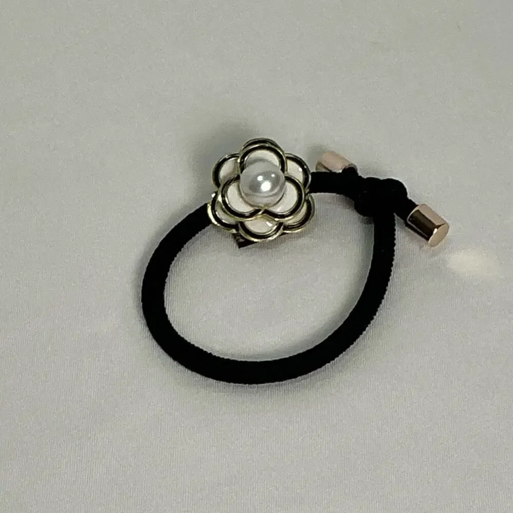 Camellia Flower Black Hair Tie with Gold Flower and Pearl Accent